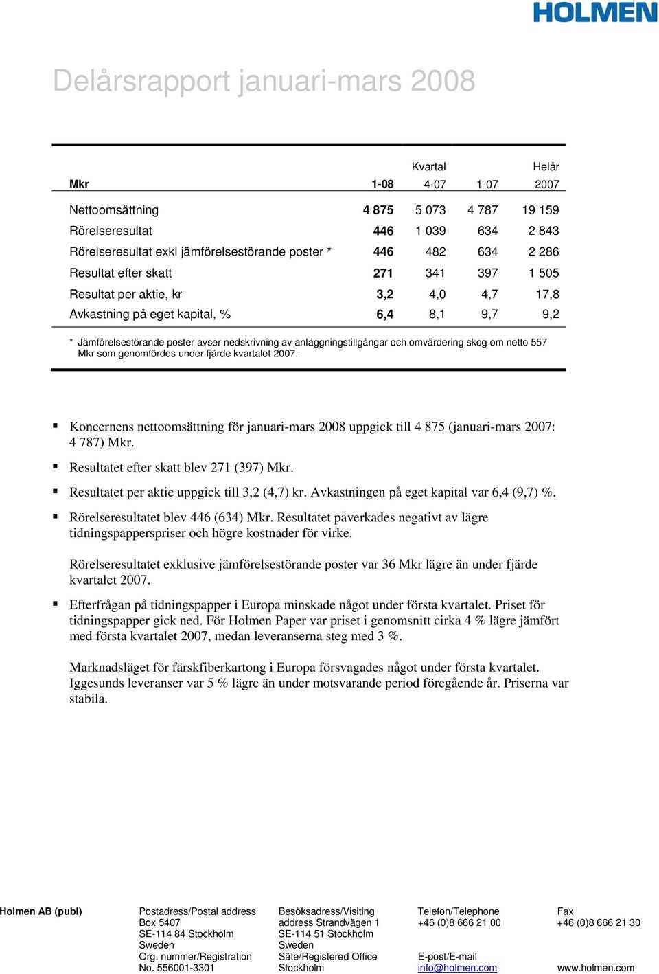 under fjärde kvartalet 2007. Koncernens nettoomsättning för januari-mars 2008 uppgick till 4 875 (januari-mars 2007: 4 787) Mkr. Resultatet efter skatt blev 271 (397) Mkr.