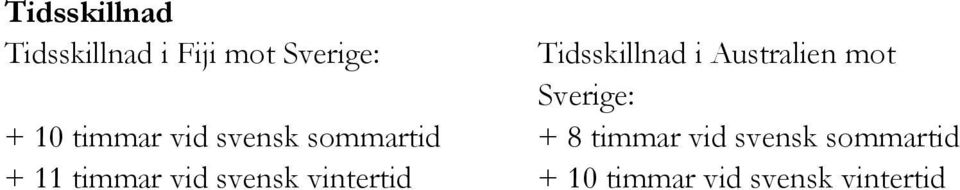 vintertid Tidsskillnad i Australien mot Sverige: + 8