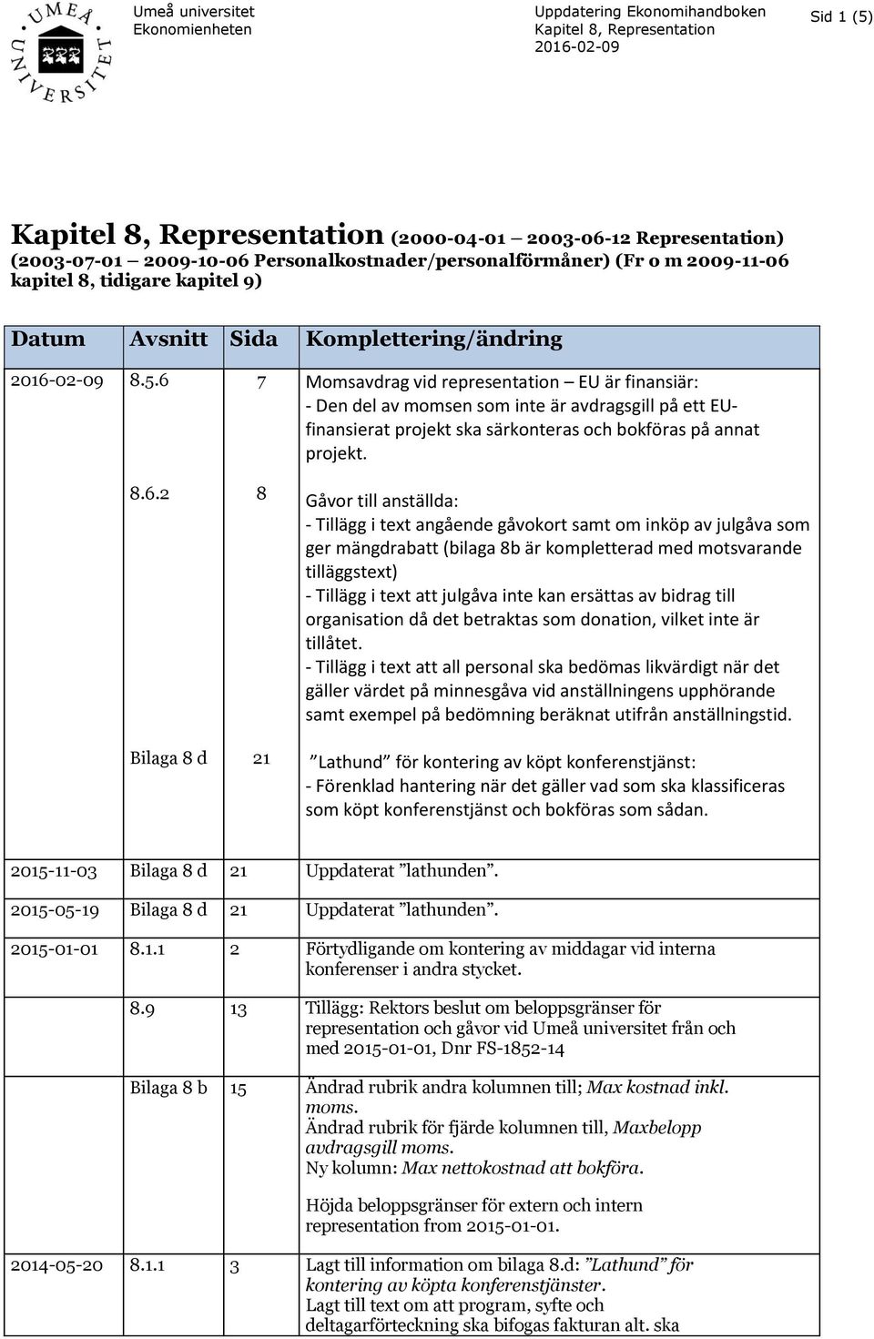 Gåvor till anställda: - Tillägg i text angående gåvokort samt om inköp av julgåva som ger mängdrabatt (bilaga 8b är kompletterad med motsvarande tilläggstext) - Tillägg i text att julgåva inte kan