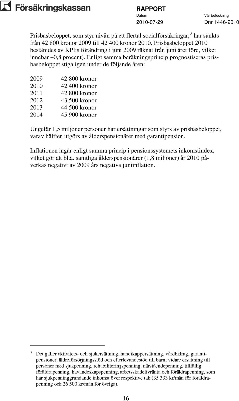 Enligt samma beräkningsprincip prognostiseras prisbasbeloppet stiga igen under de följande åren: 2009 42 800 kronor 2010 42 400 kronor 2011 42 800 kronor 2012 43 500 kronor 2013 44 500 kronor 2014 45