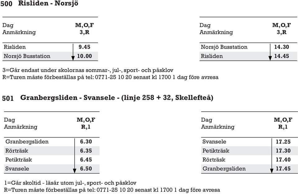 (linje 258 + 32, Skellefteå),1,1 Granbergsliden örträsk Petikträsk Svansele 6.30 6.35 6.45 6.