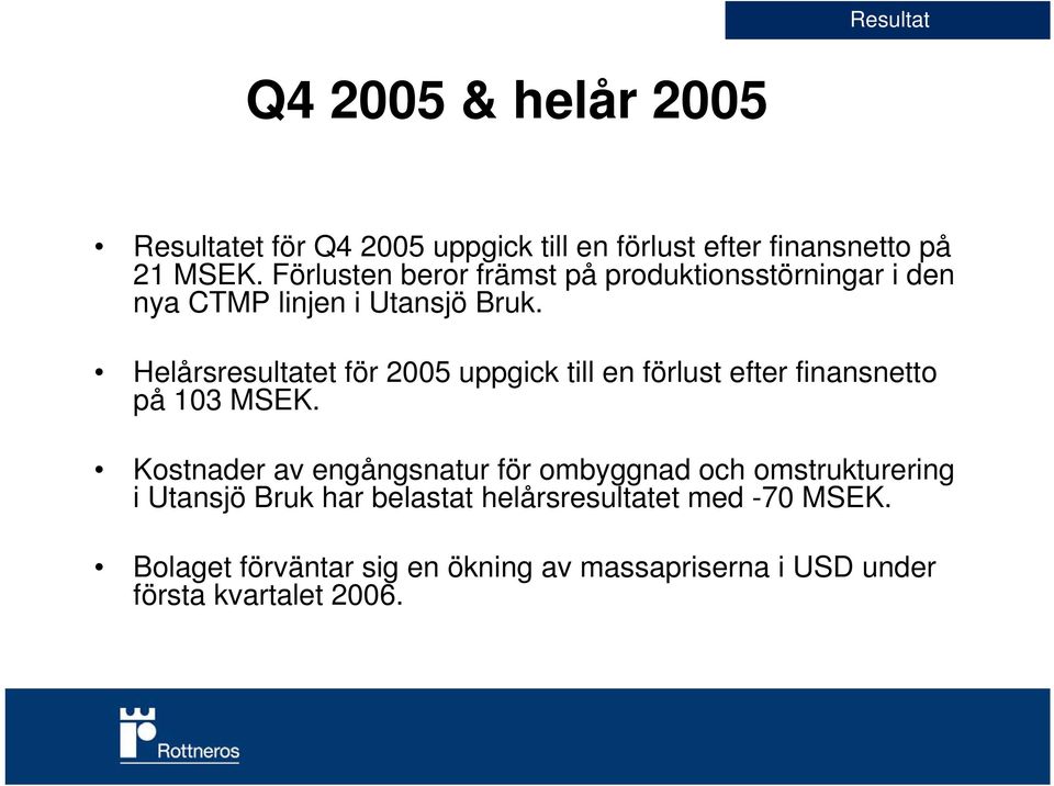 Helårsresultatet för 2005 uppgick till en förlust efter finansnetto på 103 MSEK.