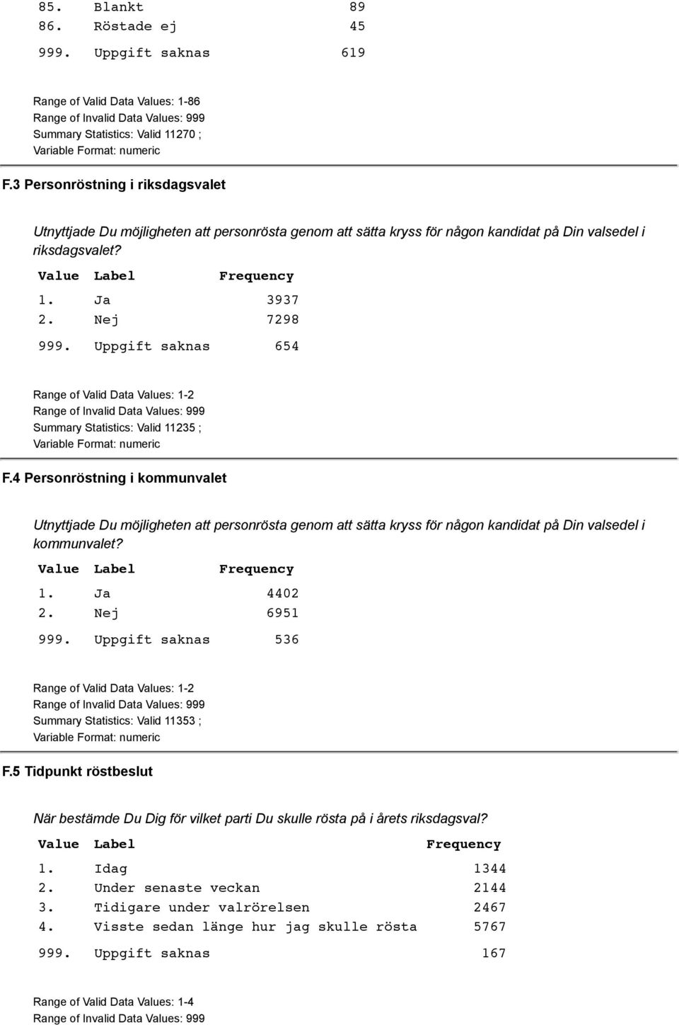 Uppgift saknas 654 Range of Valid Data Values: 1-2 Summary Statistics: Valid 11235 ; F.