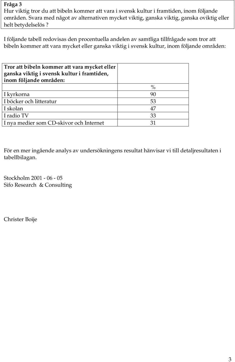 I följande tabell redovisas den procentuella andelen av samtliga tillfrågade som tror att bibeln kommer att vara mycket eller ganska viktig i svensk kultur, inom följande områden: Tror att bibeln