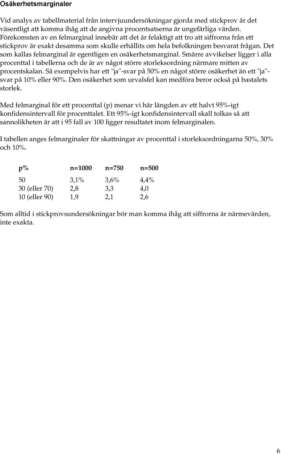 Det som kallas felmarginal är egentligen en osäkerhetsmarginal. Smärre avvikelser ligger i alla procenttal i tabellerna och de är av något större storleksordning närmare mitten av procentskalan.