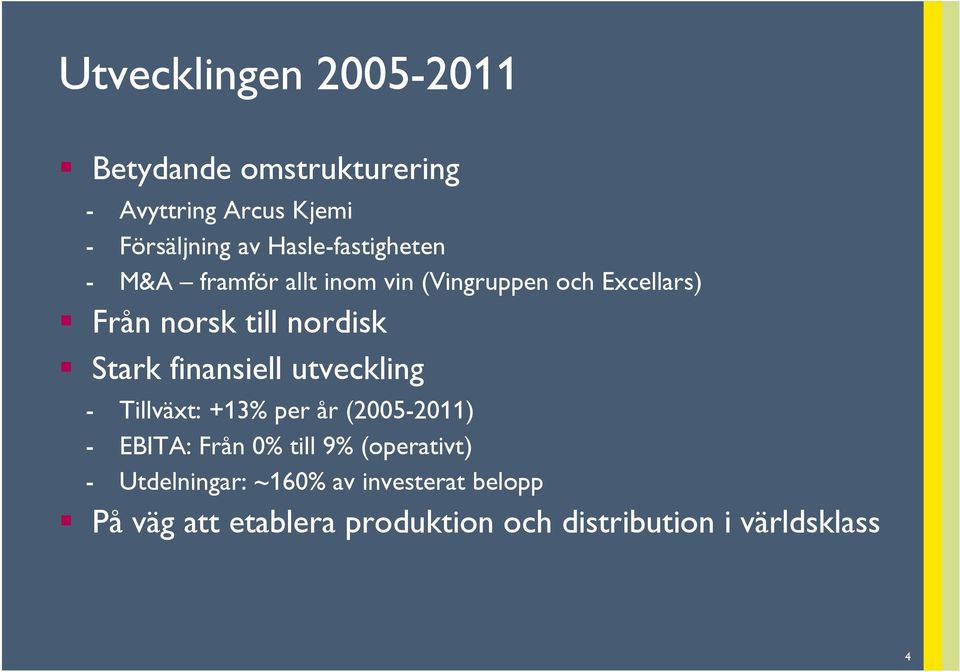 Stark finansiell utveckling - Tillväxt: +13% per år (2005-2011) - EBITA: Från 0% till 9%