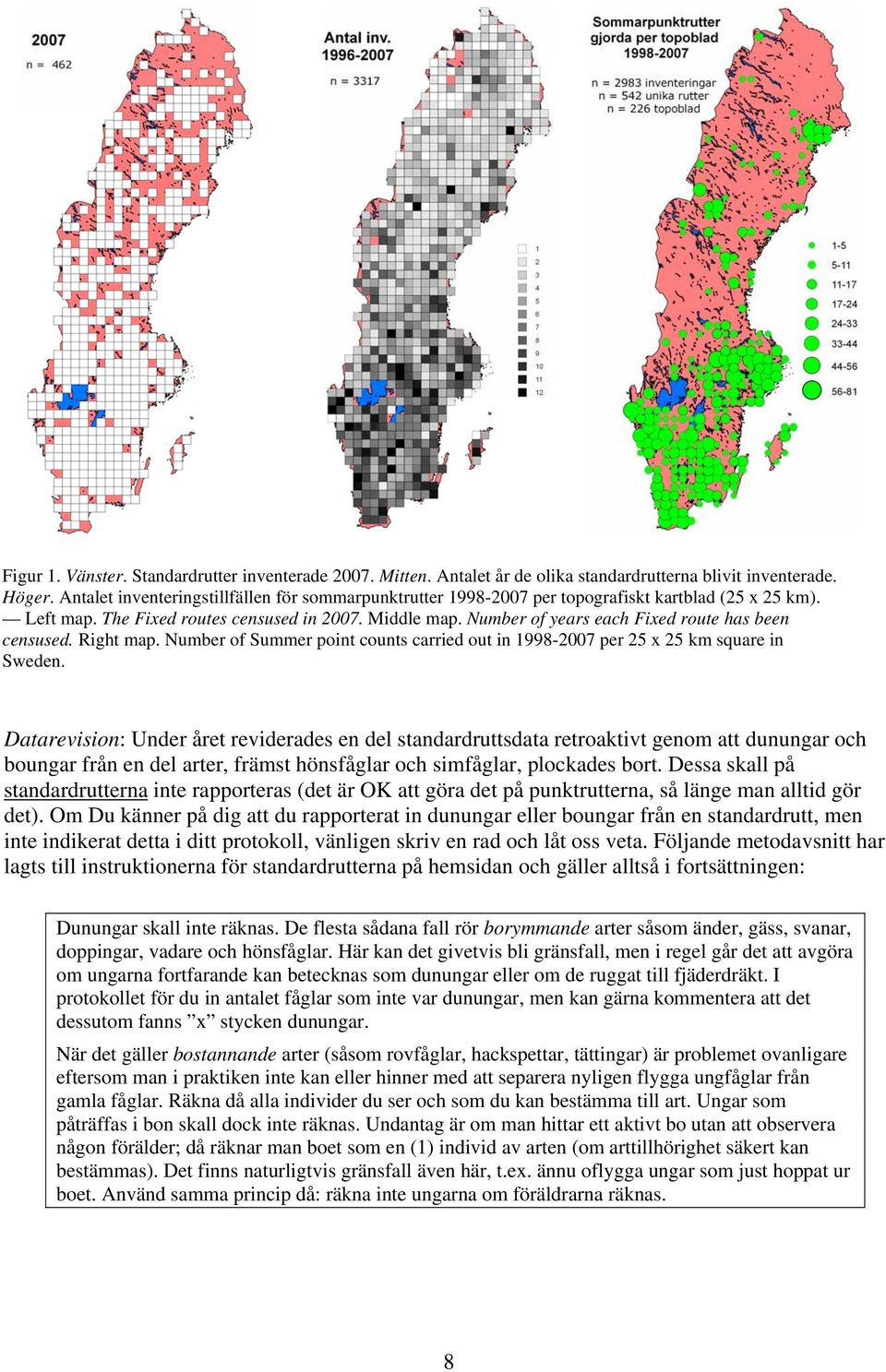 Number of years each Fixed route has been censused. Right map. Number of Summer point counts carried out in 998-7 per 5 x 5 km square in Sweden.