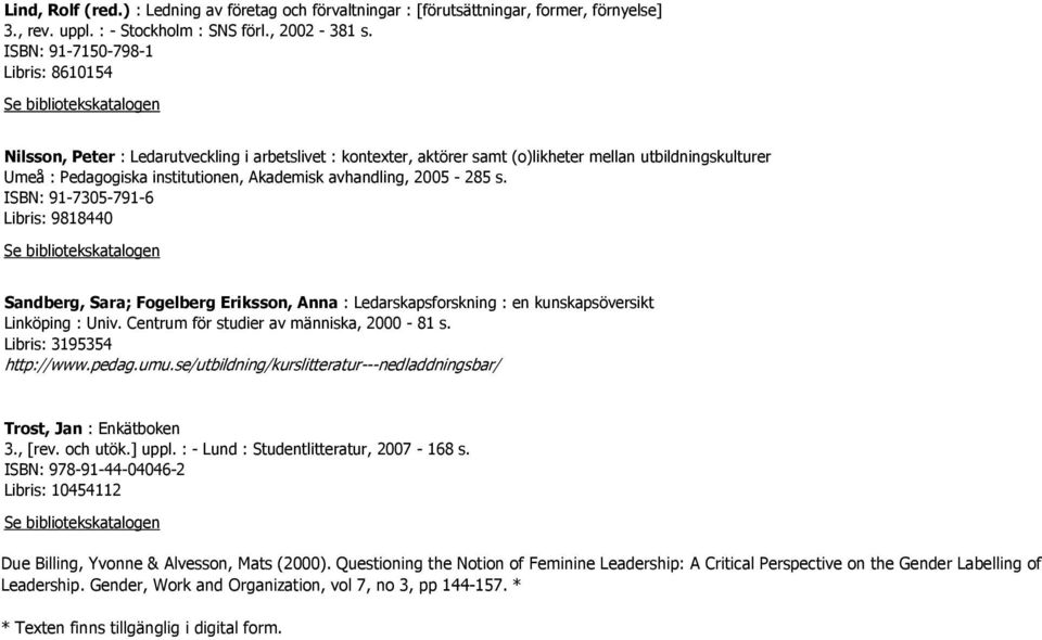 avhandling, 2005-285 s. ISBN: 91-7305-791-6 Libris: 9818440 Sandberg, Sara; Fogelberg Eriksson, Anna : Ledarskapsforskning : en kunskapsöversikt Linköping : Univ.