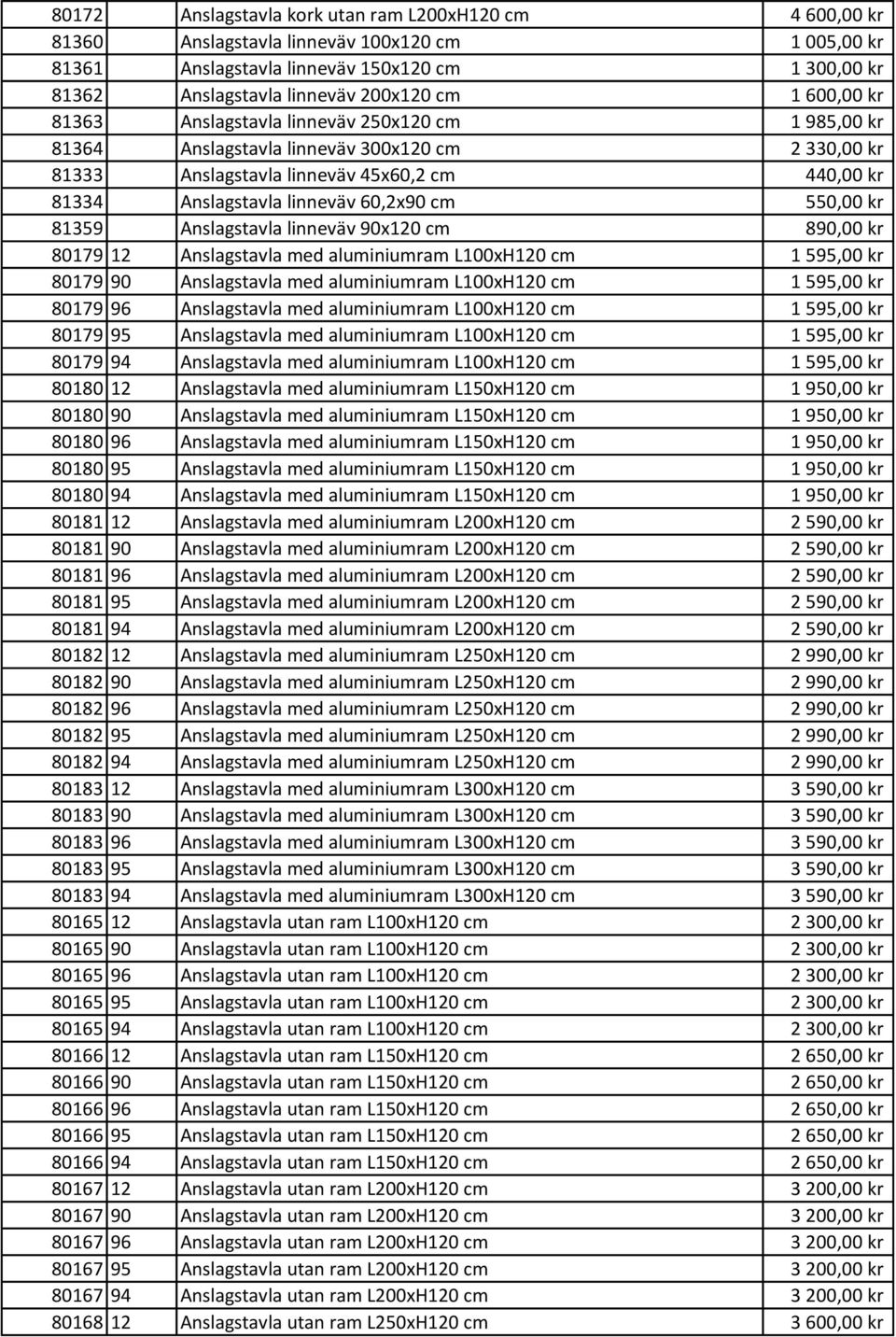 cm 550,00 kr 81359 Anslagstavla linneväv 90x120 cm 890,00 kr 80179 12 Anslagstavla med aluminiumram L100xH120 cm 1 595,00 kr 80179 90 Anslagstavla med aluminiumram L100xH120 cm 1 595,00 kr 80179 96