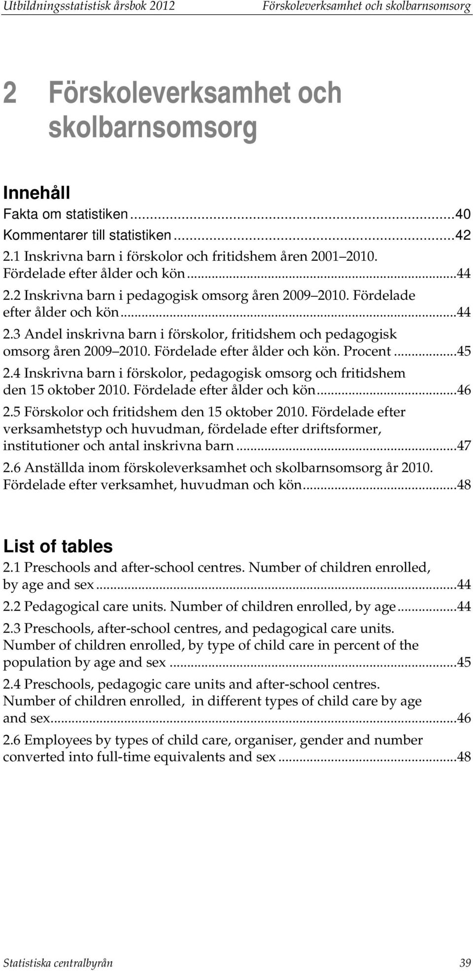 Fördelade efter ålder och kön. Procent... 45 2.4 Inskrivna barn i förskolor, pedagogisk omsorg och fritidshem den 15 oktober 2010. Fördelade efter ålder och kön... 46 2.