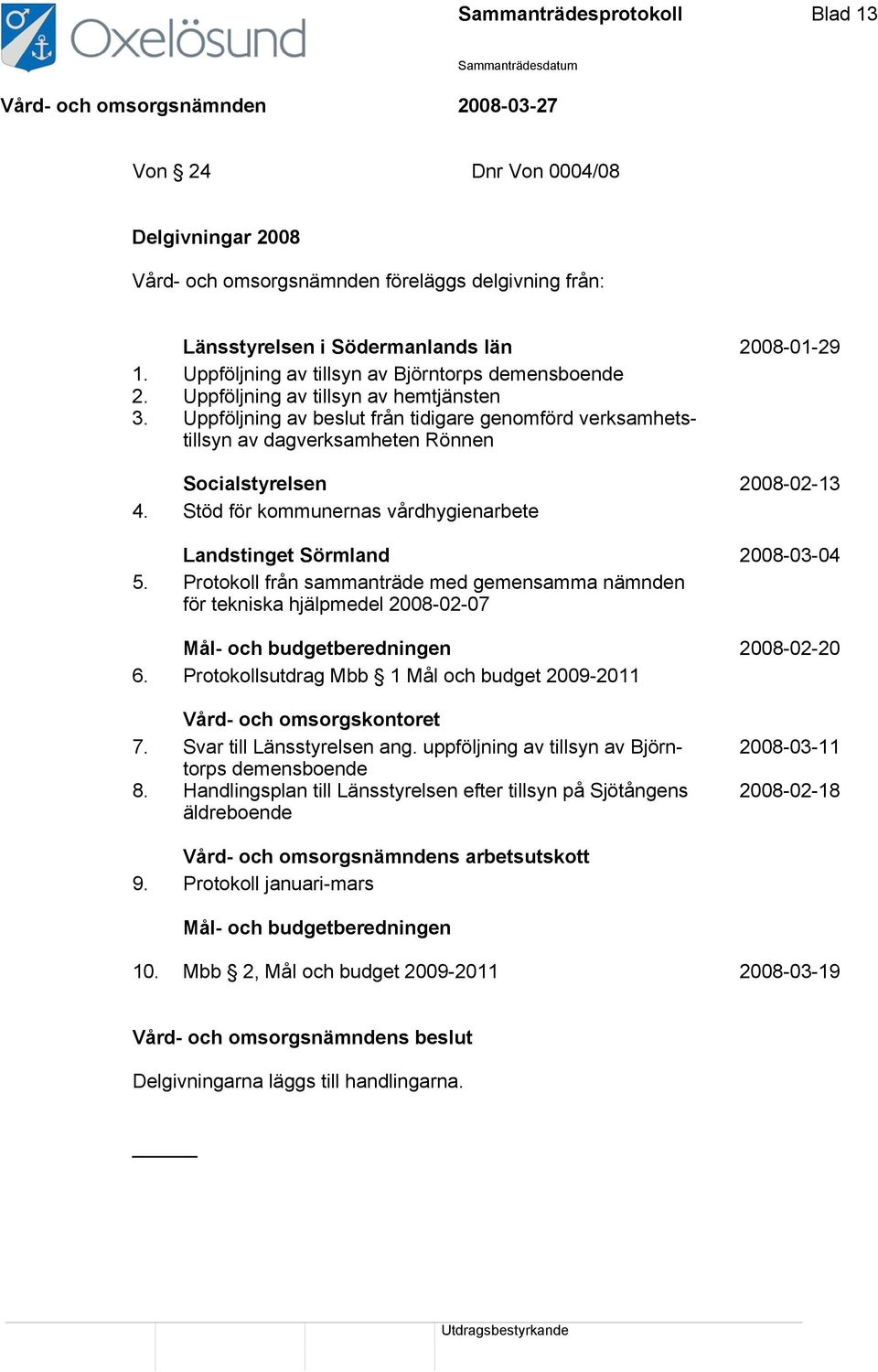 Uppföljning av beslut från tidigare genomförd verksamhetstillsyn av dagverksamheten Rönnen Socialstyrelsen 2008-02-13 4. Stöd för kommunernas vårdhygienarbete Landstinget Sörmland 2008-03-04 5.