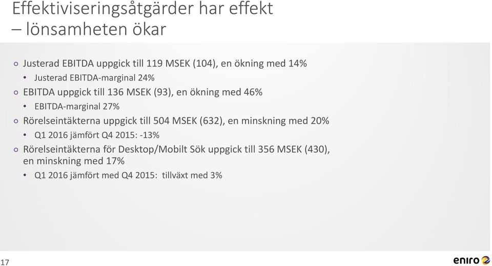 Rörelseintäkterna uppgick till 504 MSEK (632), en minskning med 20% Q1 2016 jämfört Q4 2015: 13%