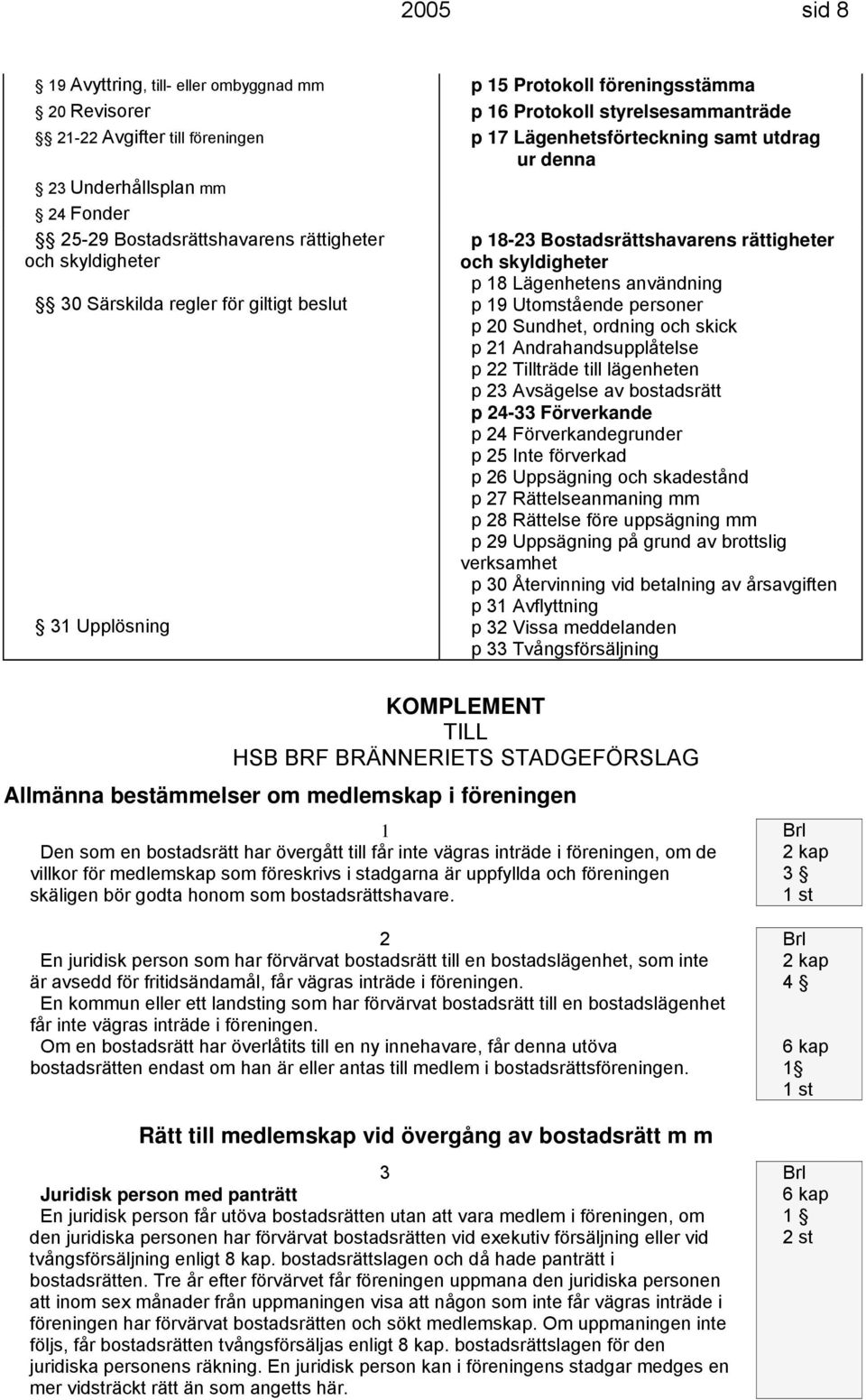 skyldigheter p 18 Lägenhetens användning p 19 Utomstående personer p 20 Sundhet, ordning och skick p 21 Andrahandsupplåtelse p 22 Tillträde till lägenheten p 23 Avsägelse av bostadsrätt p 24-33