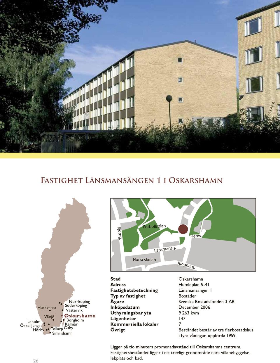 Länsmansängen 1 Typ av fastighet Bostäder Ägare Svenska Bostadsfonden 3 AB Inköpsdatum December 2006 Uthyrningsbar yta 9 263 kvm Lägenheter 147 Kommersiella lokaler 7