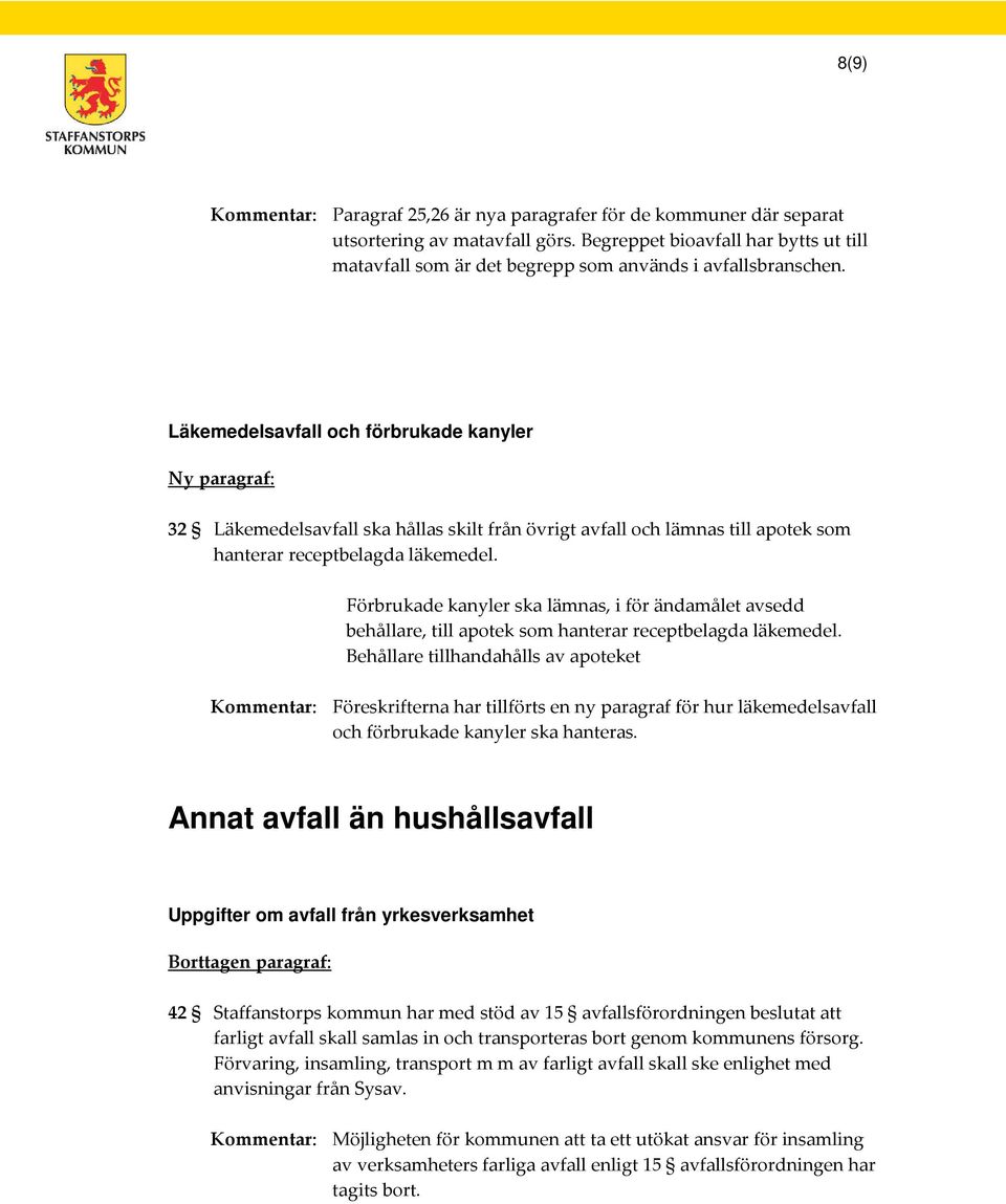 Läkemedelsavfall och förbrukade kanyler Ny paragraf: 32 Läkemedelsavfall ska hållas skilt från övrigt avfall och lämnas till apotek som hanterar receptbelagda läkemedel.