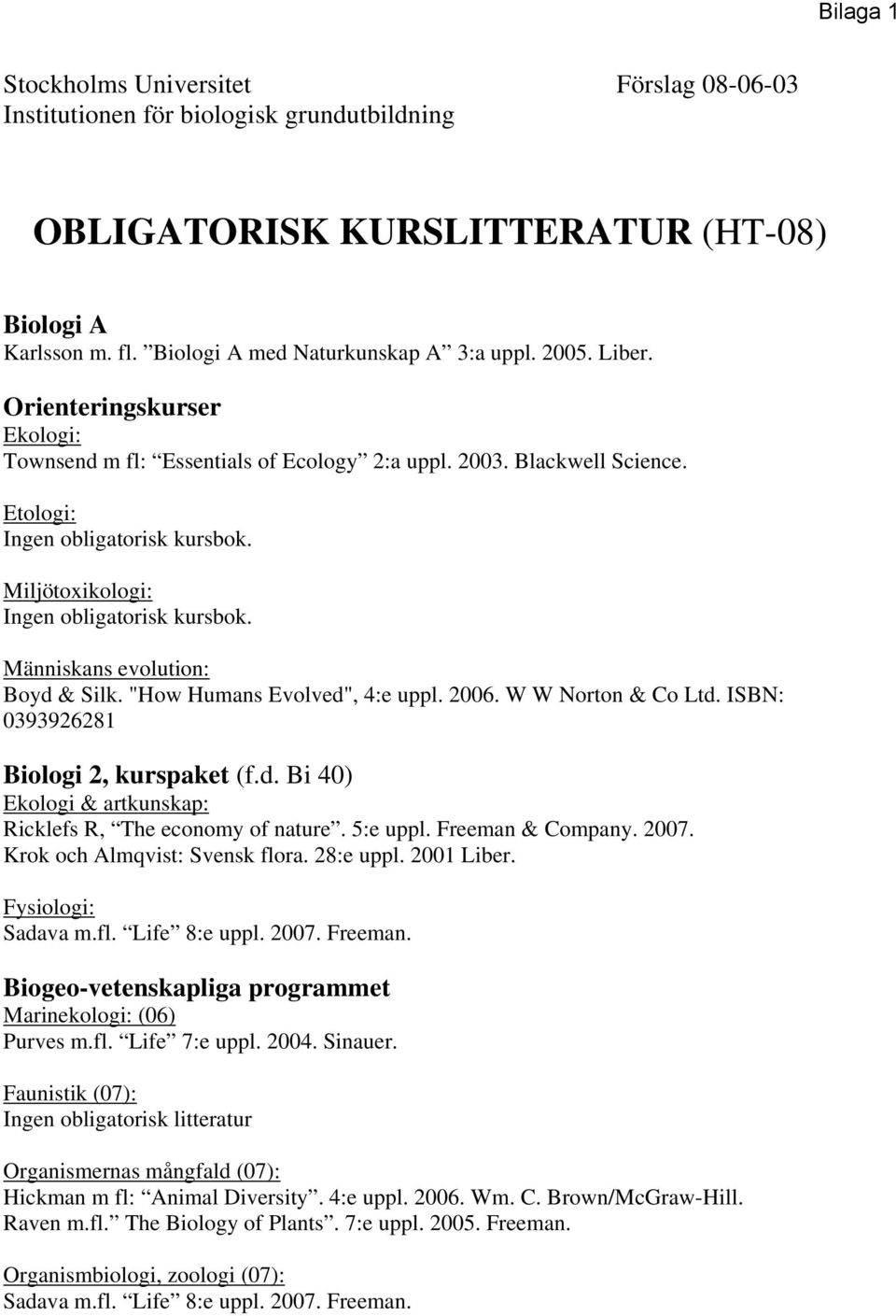 "How Humans Evolved", 4:e uppl. 2006. W W Norton & Co Ltd. ISBN: 0393926281 Biologi 2, kurspaket (f.d. Bi 40) Ekologi & artkunskap: Ricklefs R, The economy of nature. 5:e uppl. Freeman & Company.