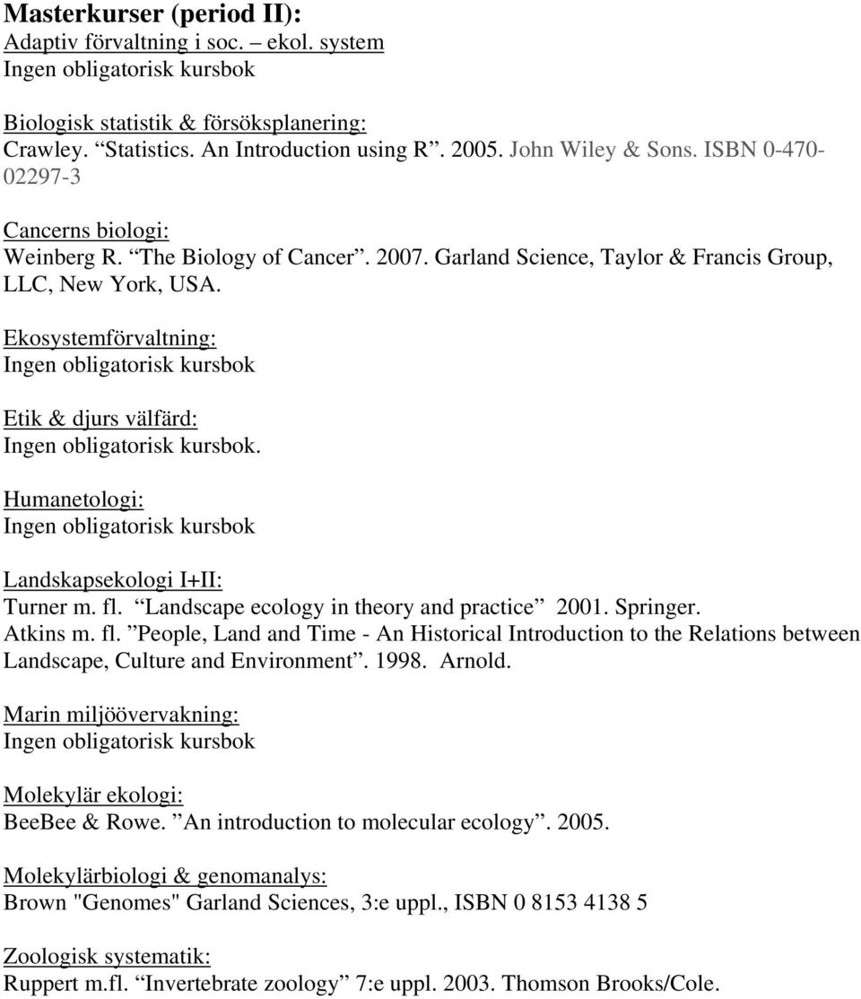 Humanetologi: Landskapsekologi I+II: Turner m. fl. Landscape ecology in theory and practice 2001. Springer. Atkins m. fl. People, Land and Time - An Historical Introduction to the Relations between Landscape, Culture and Environment.