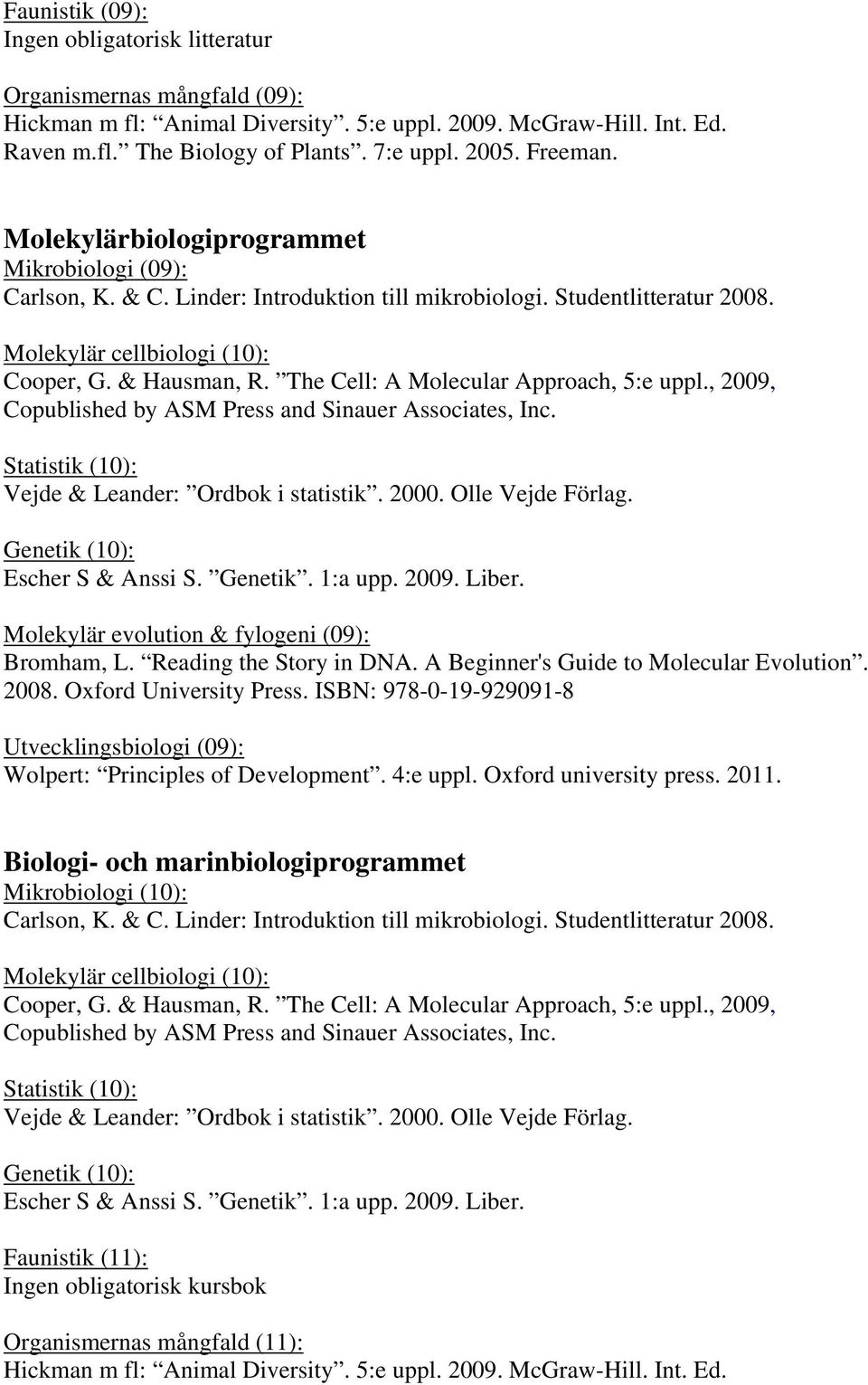 The Cell: A Molecular Approach, 5:e uppl., 2009, Copublished by ASM Press and Sinauer Associates, Inc. Statistik (10): Vejde & Leander: Ordbok i statistik. 2000. Olle Vejde Förlag.