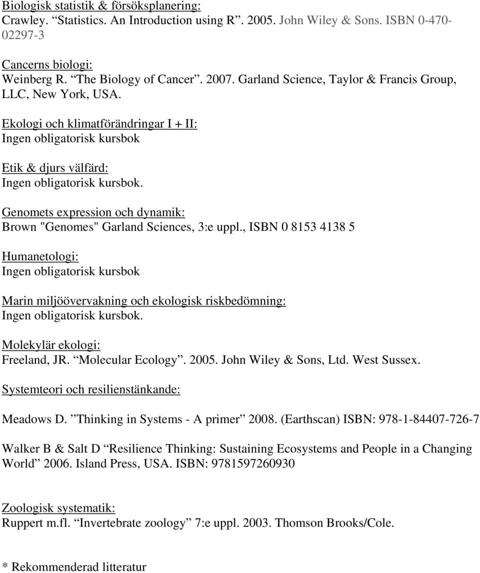 , ISBN 0 8153 4138 5 Humanetologi: Marin miljöövervakning och ekologisk riskbedömning: Molekylär ekologi: Freeland, JR. Molecular Ecology. 2005. John Wiley & Sons, Ltd. West Sussex.