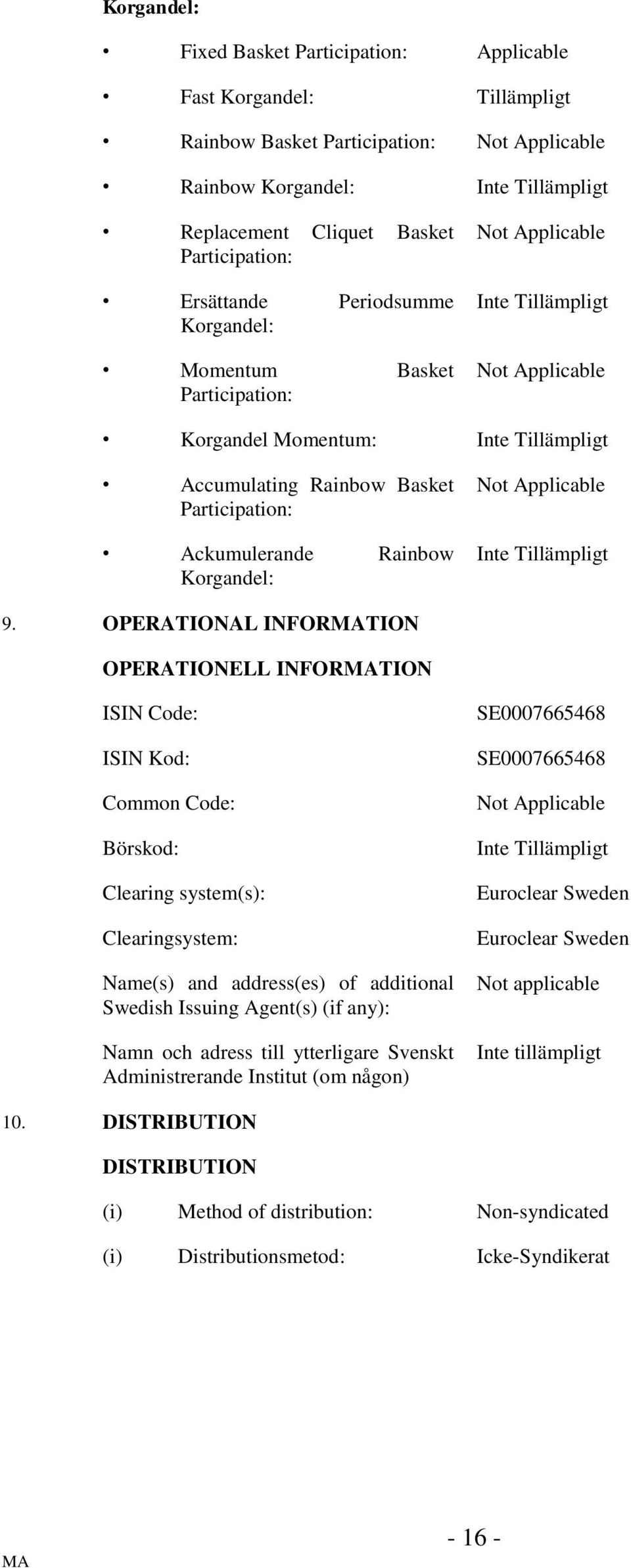 OPERATIONAL INFORTION OPERATIONELL INFORTION ISIN Code: ISIN Kod: Common Code: Börskod: Clearing system(s): Clearingsystem: Name(s) and address(es) of additional Swedish Issuing Agent(s) (if any):