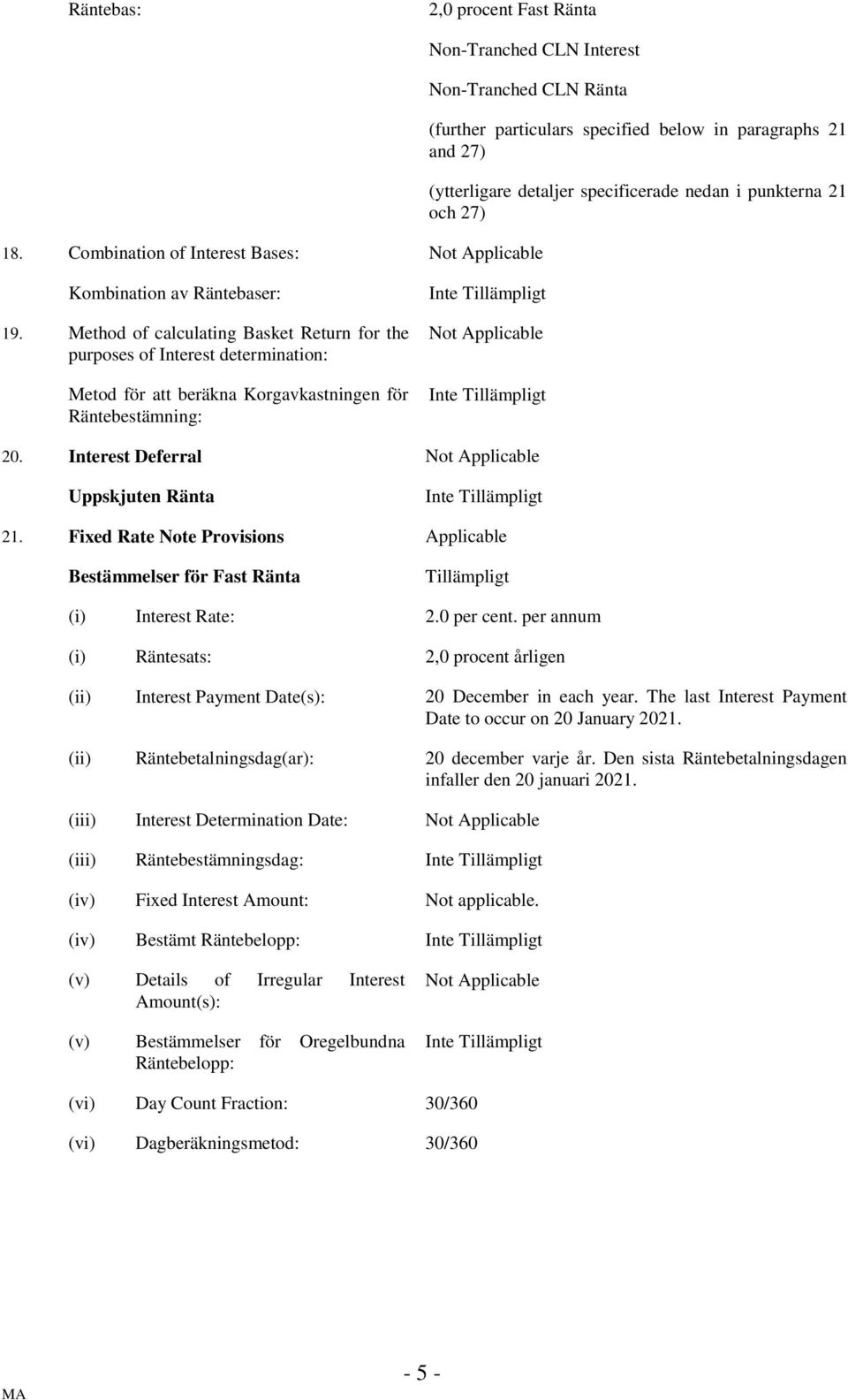 Method of calculating Basket Return for the purposes of Interest determination: Metod för att beräkna Korgavkastningen för Räntebestämning: 20. Interest Deferral Uppskjuten Ränta 21.