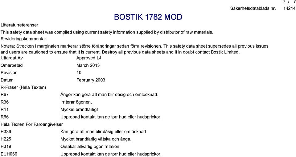 This safety data sheet supersedes all previous issues and users are cautioned to ensure that it is current. Destroy all previous data sheets and if in doubt contact Bostik Limited.