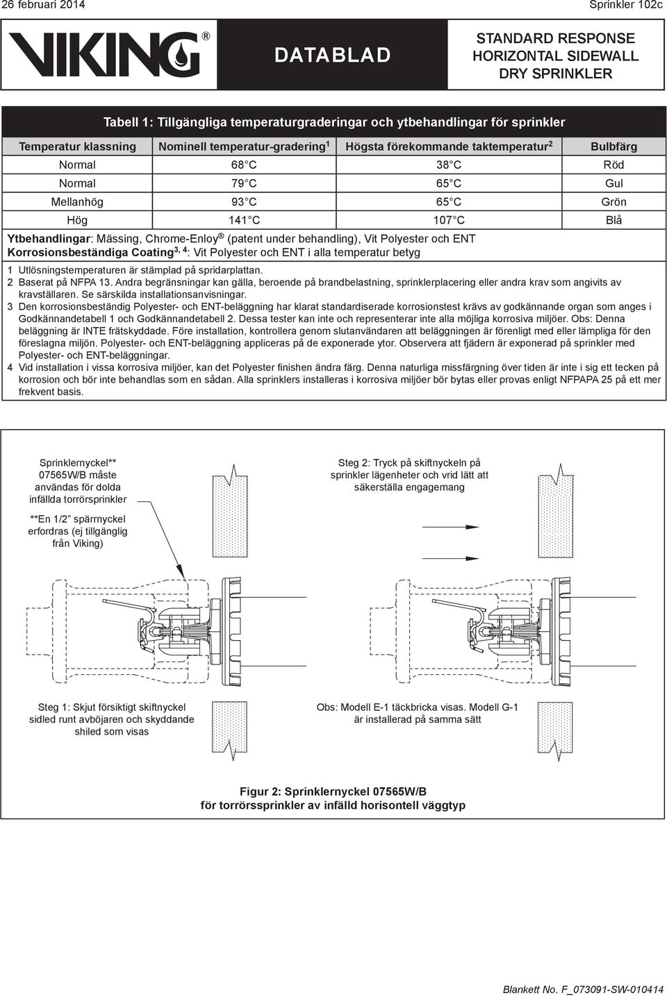 Korrosionsbeständiga Coating 3, 4 : Vit Polyester och ENT i alla temperatur betyg 1 Utlösningstemperaturen är stämplad på. 2 Baserat på NFPA 13.