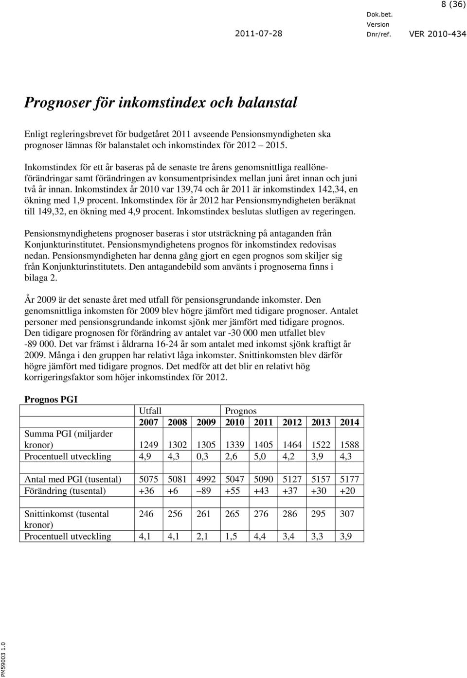 Inkomstindex år 2010 var 139,74 och år 2011 är inkomstindex 142,34, en ökning med 1,9 procent. Inkomstindex för år 2012 har Pensionsmyndigheten beräknat till 149,32, en ökning med 4,9 procent.