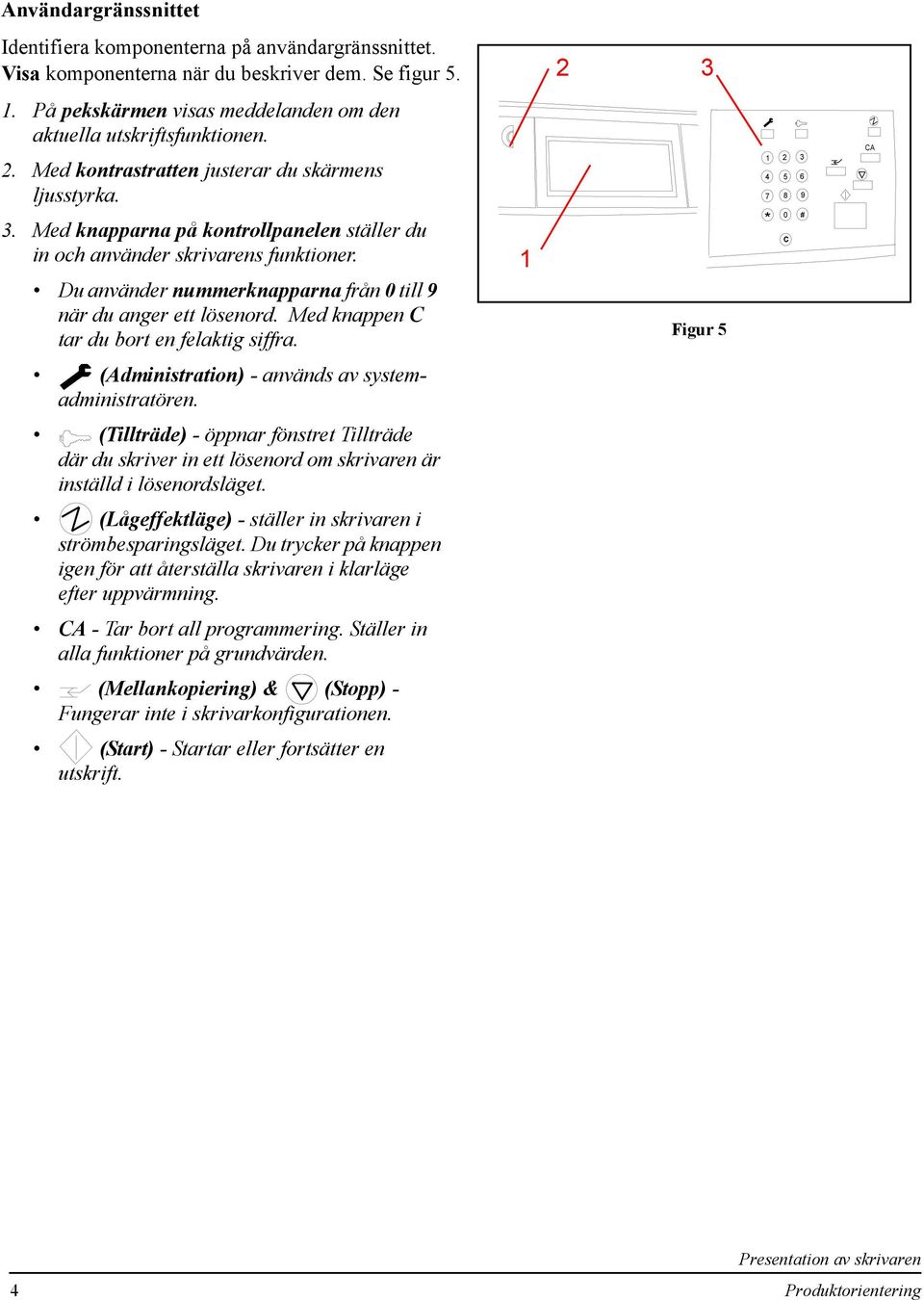 Du använder nummerknapparna från 0 till 9 när du anger ett lösenord. Med knappen C tar du bort en felaktig siffra. Figur 5 3 4 5 6 7 8 9 * 0 # C CA (Administration) - används av systemadministratören.