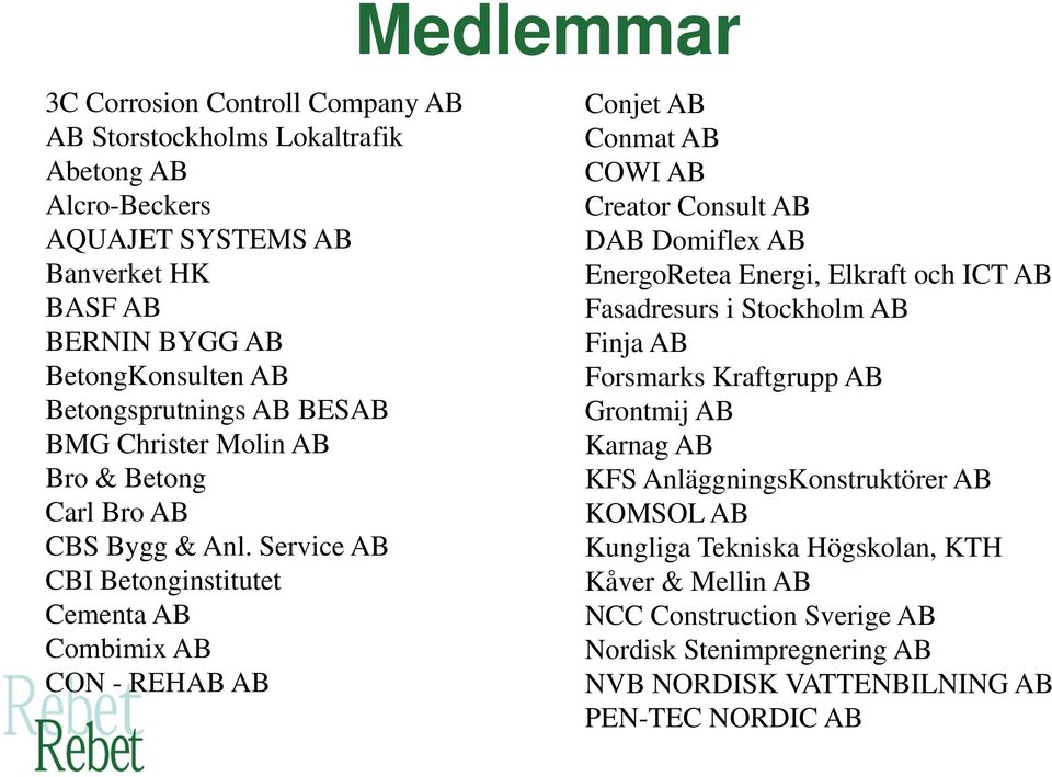 Service AB CBI Betonginstitutet Cementa AB Combimix AB CON - REHAB AB Conjet AB Conmat AB COWI AB Creator Consult AB DAB Domiflex AB EnergoRetea Energi, Elkraft och ICT AB