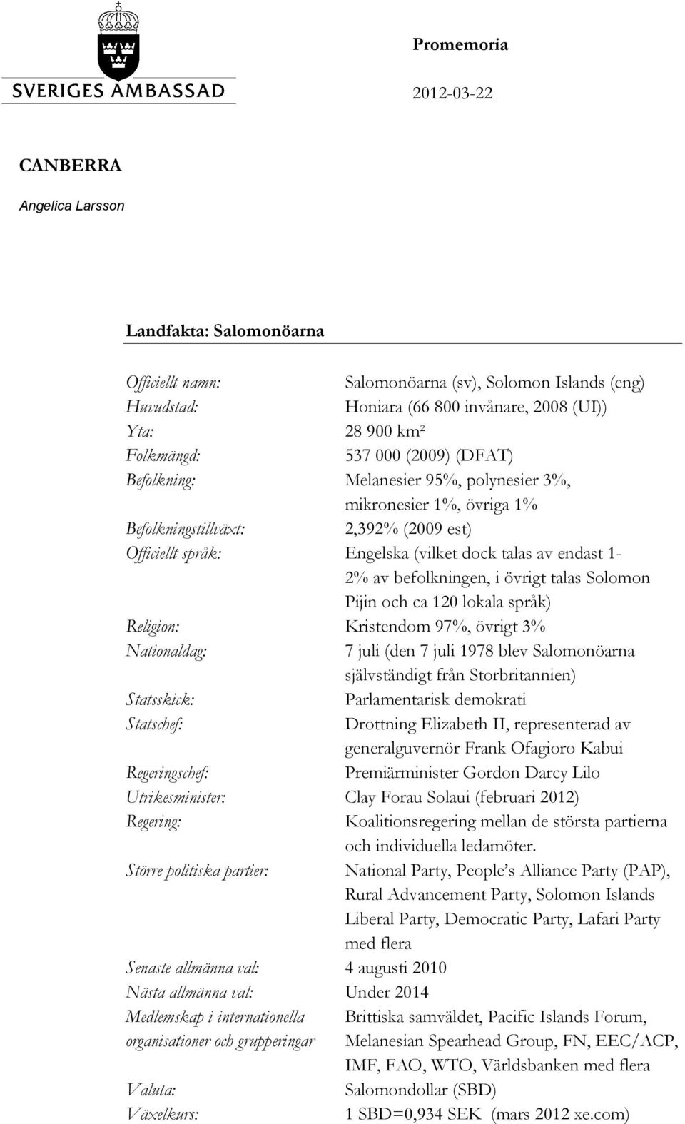 1-2% av befolkningen, i övrigt talas Solomon Pijin och ca 120 lokala språk) Religion: Kristendom 97%, övrigt 3% Nationaldag: 7 juli (den 7 juli 1978 blev Salomonöarna självständigt från