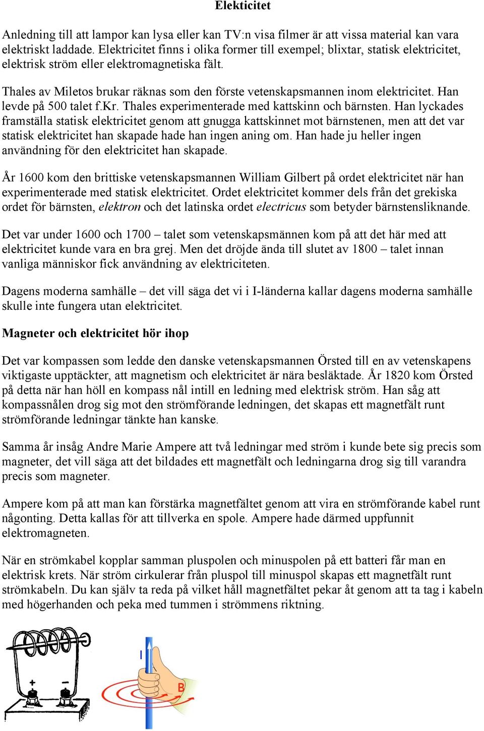 Thales av Miletos brukar räknas som den förste vetenskapsmannen inom elektricitet. Han levde på 500 talet f.kr. Thales experimenterade med kattskinn och bärnsten.