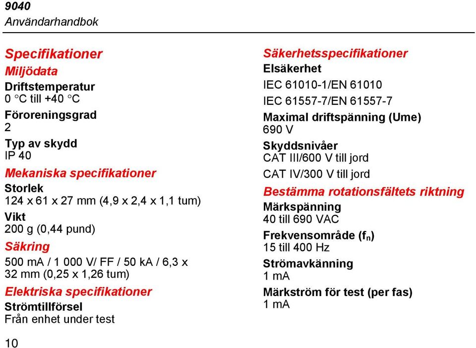 under test Säkerhetsspecifikationer Elsäkerhet IEC 61010-1/EN 61010 IEC 61557-7/EN 61557-7 Maximal driftspänning (Ume) 690 V Skyddsnivåer CAT III/600 V till jord CAT