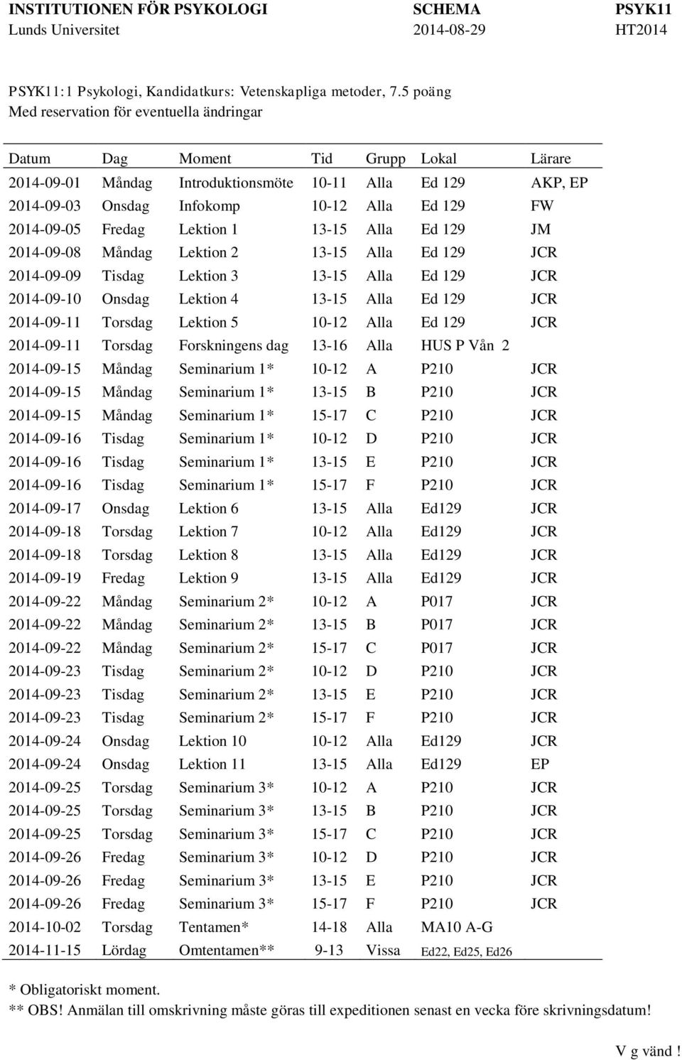 2014-09-05 Fredag Lektion 1 13-15 Alla Ed 129 JM 2014-09-08 Måndag Lektion 2 13-15 Alla Ed 129 JCR 2014-09-09 Tisdag Lektion 3 13-15 Alla Ed 129 JCR 2014-09-10 Onsdag Lektion 4 13-15 Alla Ed 129 JCR