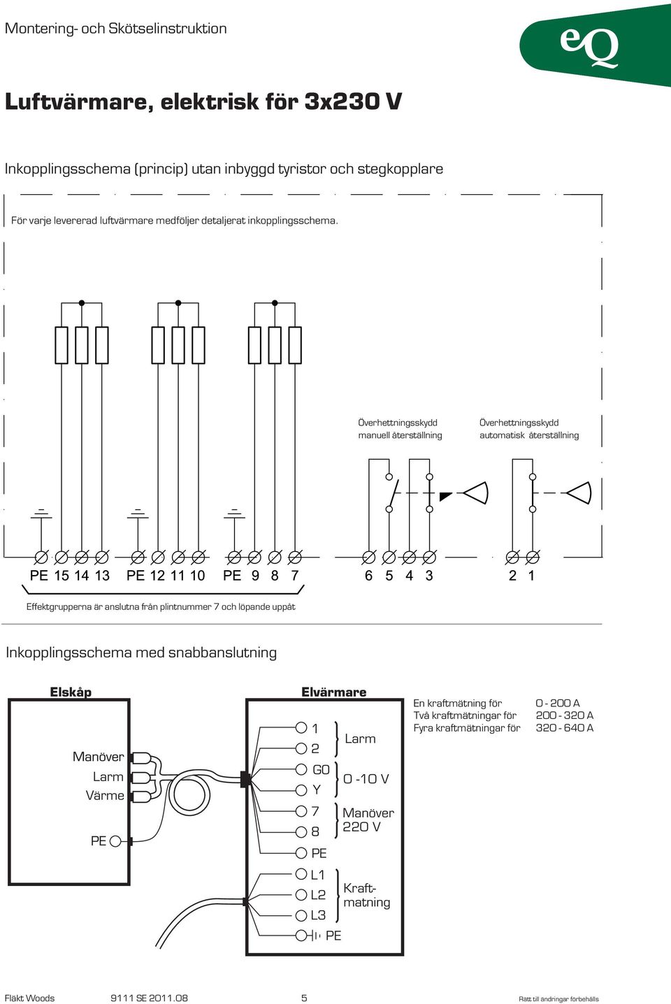 löpande uppåt Inkopplingsschema med snabbanslutning 1 2 Larm En kraftmätning för Två kraftmätningar för Fyra kraftmätningar för 0-200 A