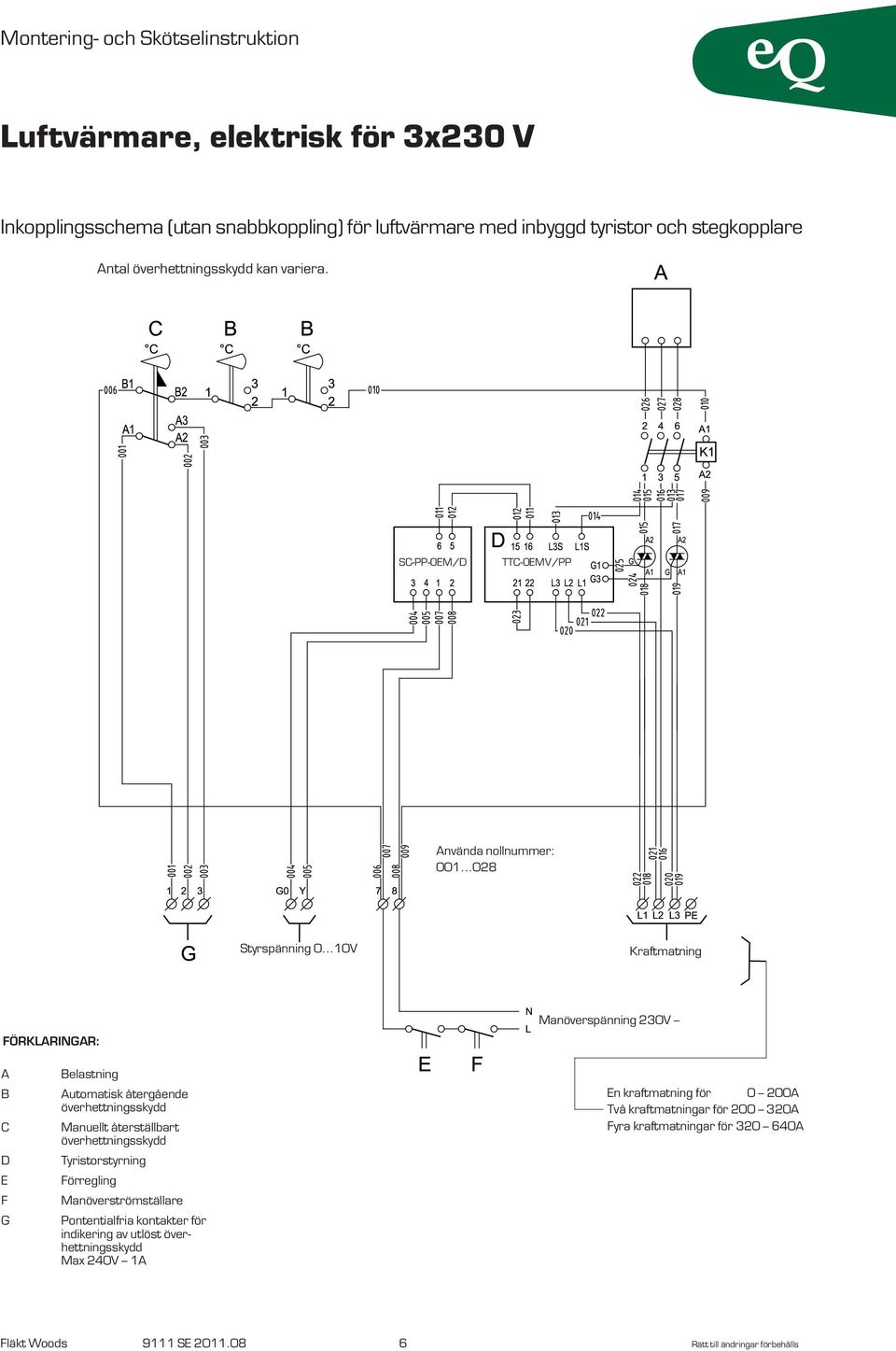 ..10V Kraftmatning Manöverspänning 230V FÖRKLARINGAR: A B C D E F G Belastning Automatisk återgående överhettningsskydd Manuellt återställbart
