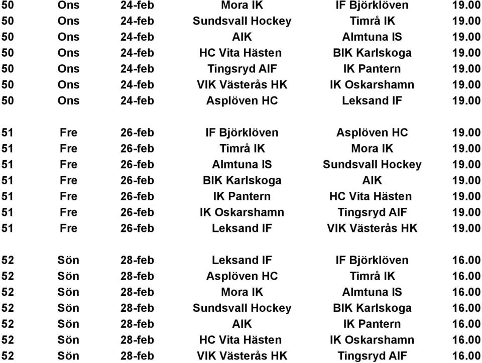 00 51 Fre 26-feb Timrå IK Mora IK 19.00 51 Fre 26-feb Almtuna IS Sundsvall Hockey 19.00 51 Fre 26-feb BIK Karlskoga AIK 19.00 51 Fre 26-feb IK Pantern HC Vita Hästen 19.