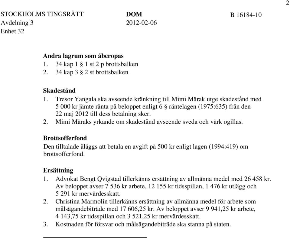 maj 2012 till dess betalning sker. 2. Mimi Märaks yrkande om skadestånd avseende sveda och värk ogillas.