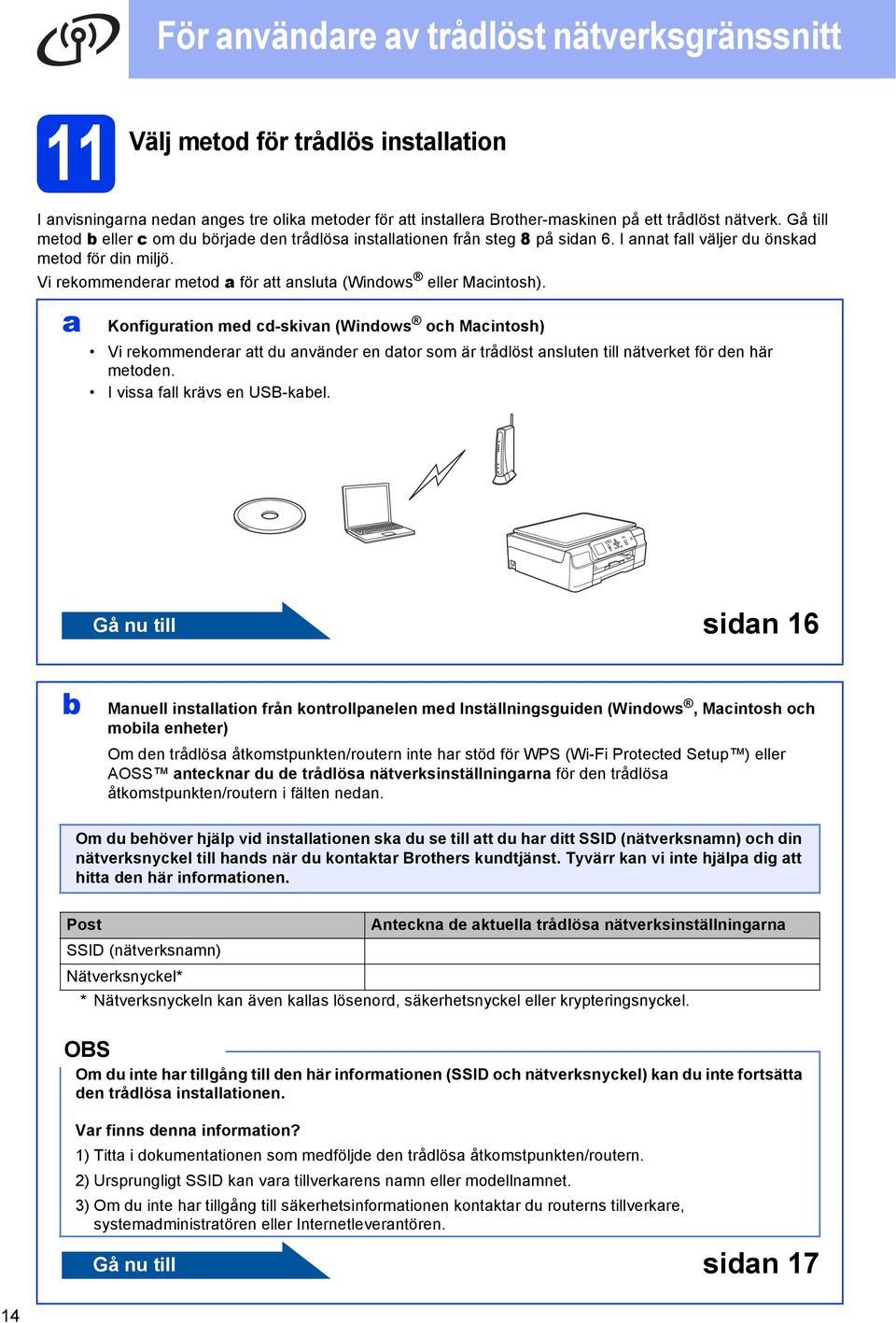 Konfigurtion med d-skivn (Windows oh Mintosh) Vi rekommenderr tt du nvänder en dtor som är trådlöst nsluten till nätverket för den här metoden. I viss fll krävs en USB-kel.