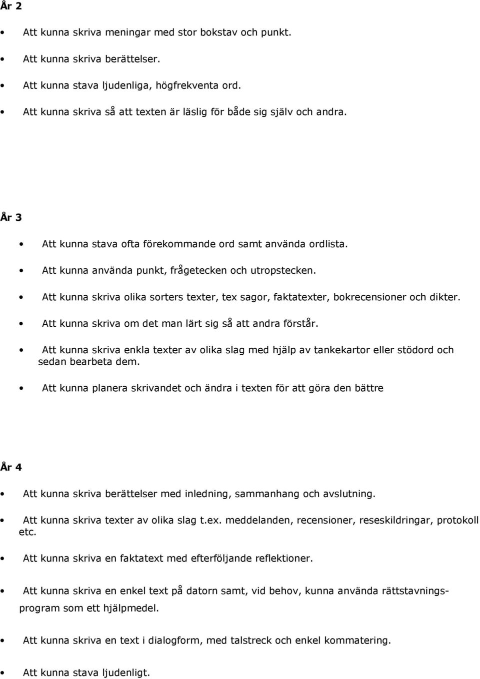 Att kunna skriva olika sorters texter, tex sagor, faktatexter, bokrecensioner och dikter. Att kunna skriva om det man lärt sig så att andra förstår.