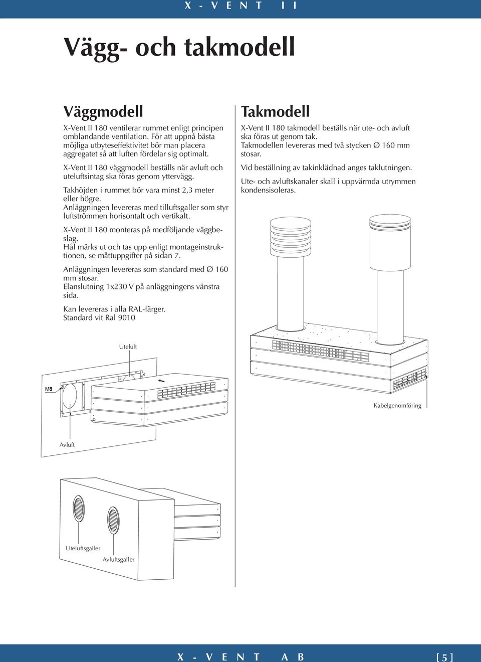 X-Vent II 180 väggmodell beställs när avluft och uteluftsintag ska föras genom yttervägg. Takhöjden i rummet bör vara minst 2,3 meter eller högre.