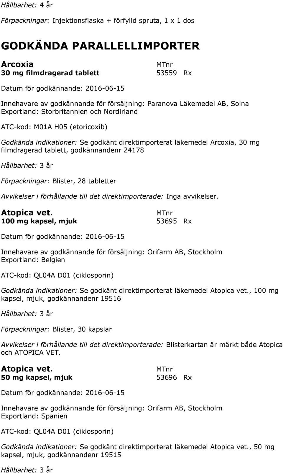 Hållbarhet: 3 år Blister, 28 tabletter Atopica vet.