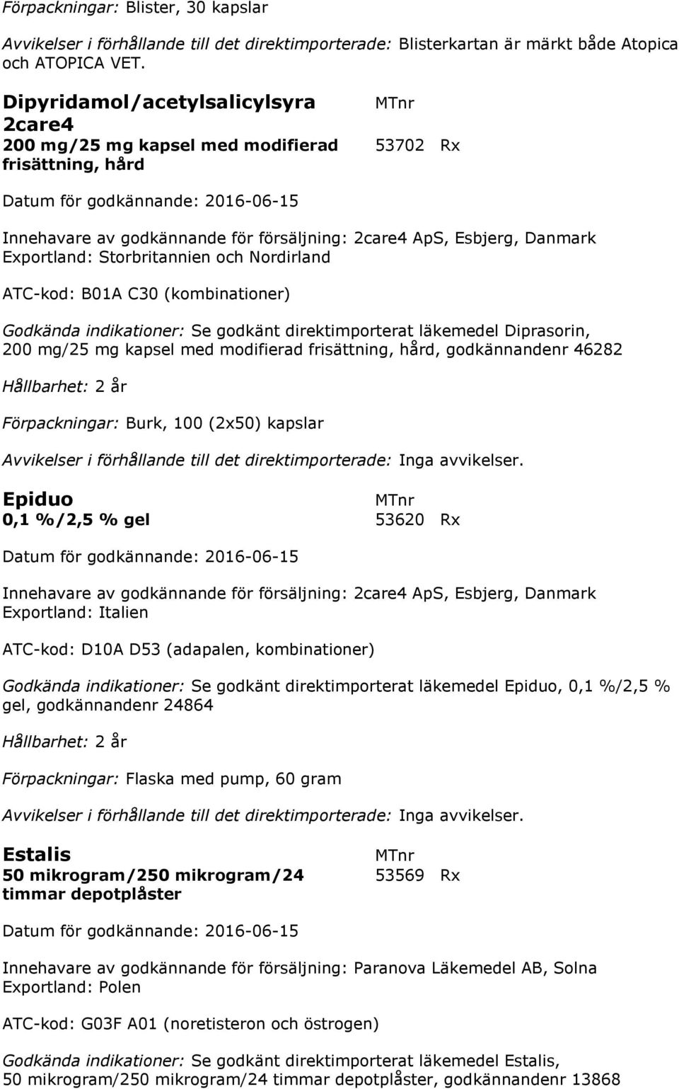 och Nordirland ATC-kod: B01A C30 (kombinationer) Godkända indikationer: Se godkänt direktimporterat läkemedel Diprasorin, 200 mg/25 mg kapsel med modifierad frisättning, hård, godkännandenr 46282