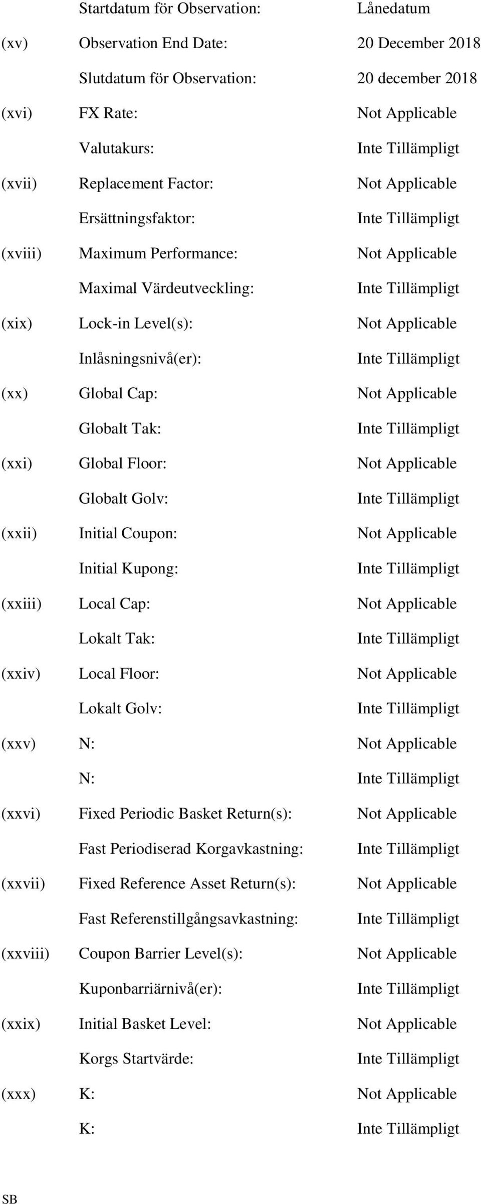 Tak: (xxi) Global Floor: Not Applicable Globalt Golv: (xxii) Initial Coupon: Not Applicable Initial Kupong: (xxiii) Local Cap: Not Applicable Lokalt Tak: (xxiv) Local Floor: Not Applicable Lokalt