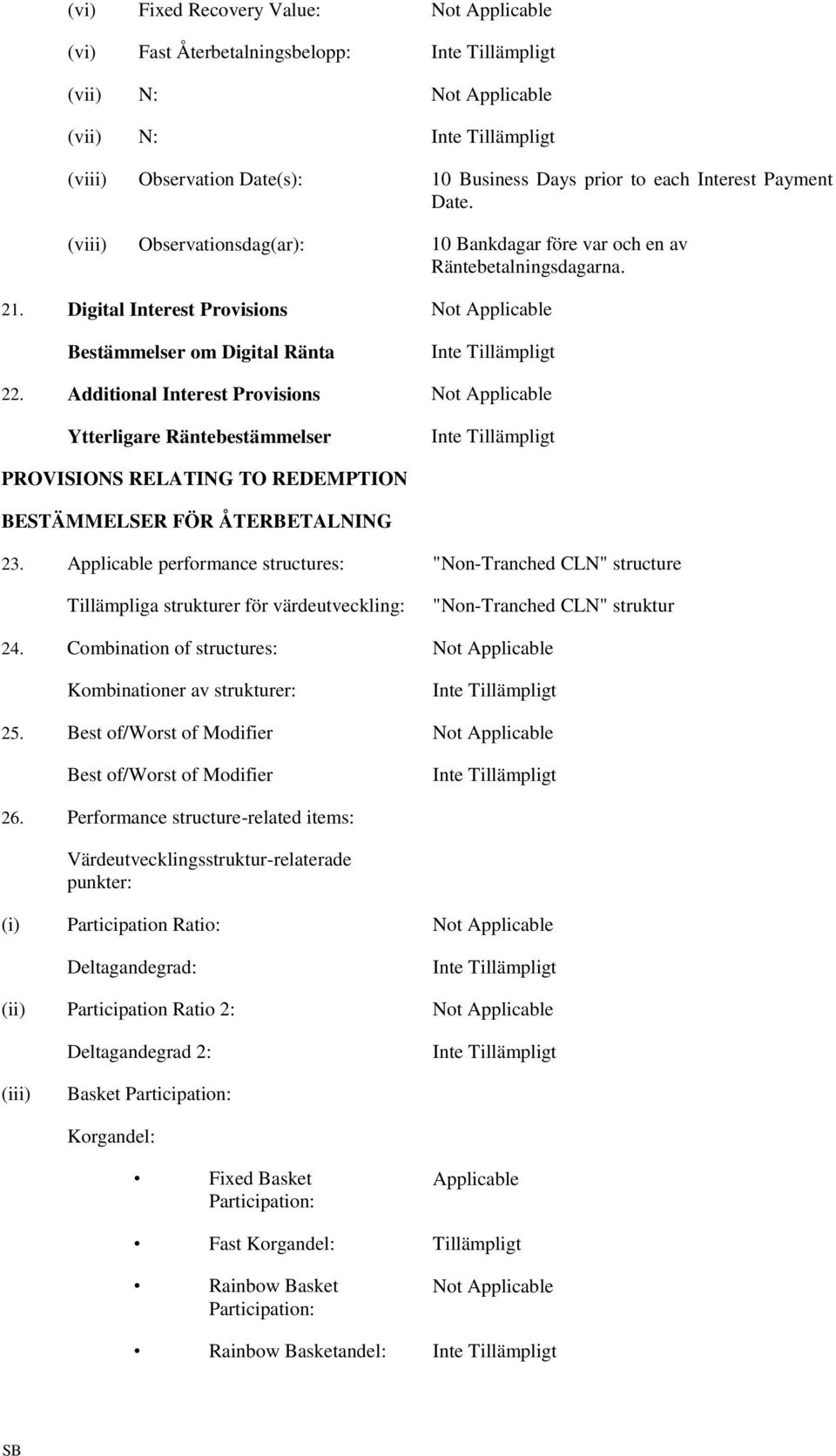 Additional Interest Provisions Not Applicable Ytterligare Räntebestämmelser PROVISIONS RELATING TO REDEMPTION BESTÄMMELSER FÖR ÅTERBETALNING 23.