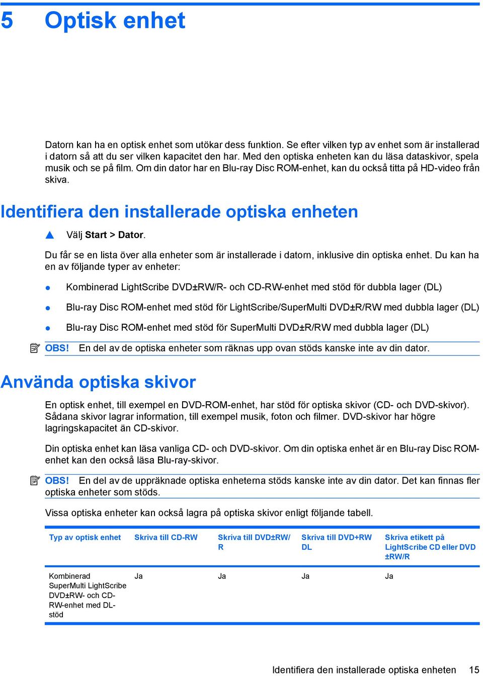 Identifiera den installerade optiska enheten Välj Start > Dator. Du får se en lista över alla enheter som är installerade i datorn, inklusive din optiska enhet.