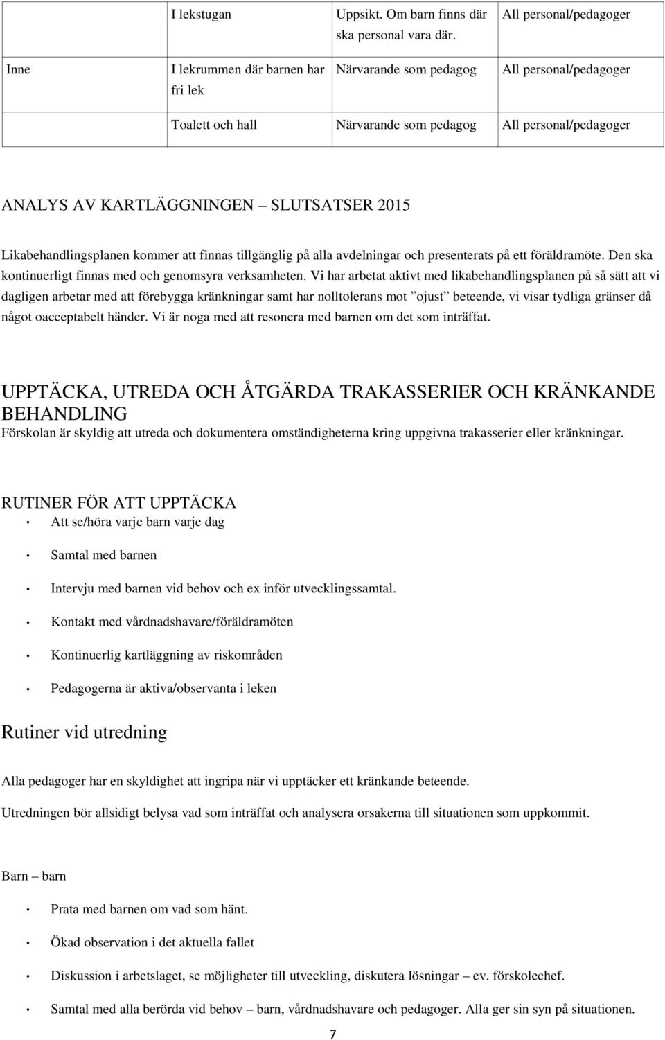 alla avdelningar och presenterats på ett föräldramöte. Den ska kontinuerligt finnas med och genomsyra verksamheten.