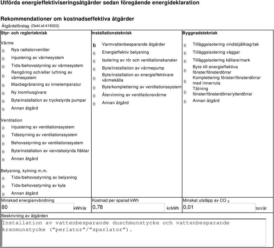 värmesystem Maxbegränsning av innetemperatur Ny inomhusgivare Byte/installation av tryckstyrda pumpar Ventilation Injustering av ventilationssystem Tidsstyrning av ventilationssystem Behovsstyrning