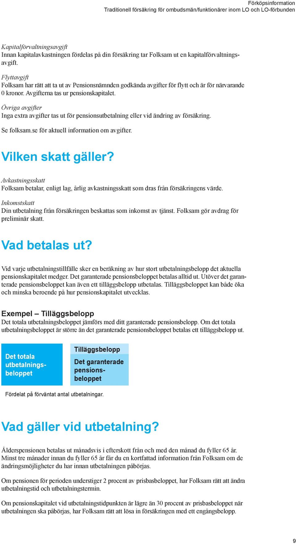 Övriga avgifter Inga extra avgifter tas ut för pensionsutbetalning eller vid ändring av försäkring. Se folksam.se för aktuell information om avgifter. Vilken skatt gäller?