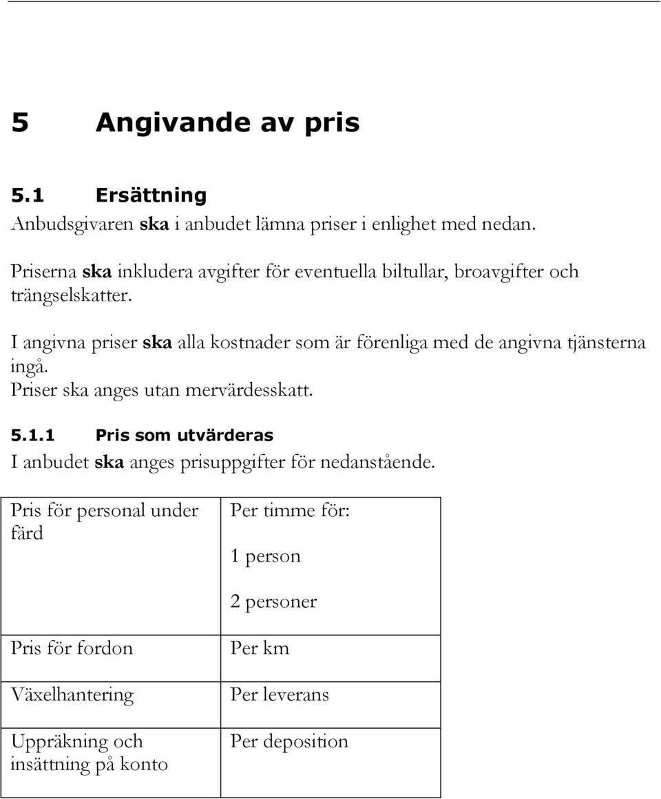 I angivna priser ska alla kostnader som är förenliga med de angivna tjänsterna ingå. Priser ska anges utan mervärdesskatt. 5.1.